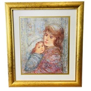 Framed Gold Art Print with Mother and Child Vintage “The Bonnet” by Edna Hibel